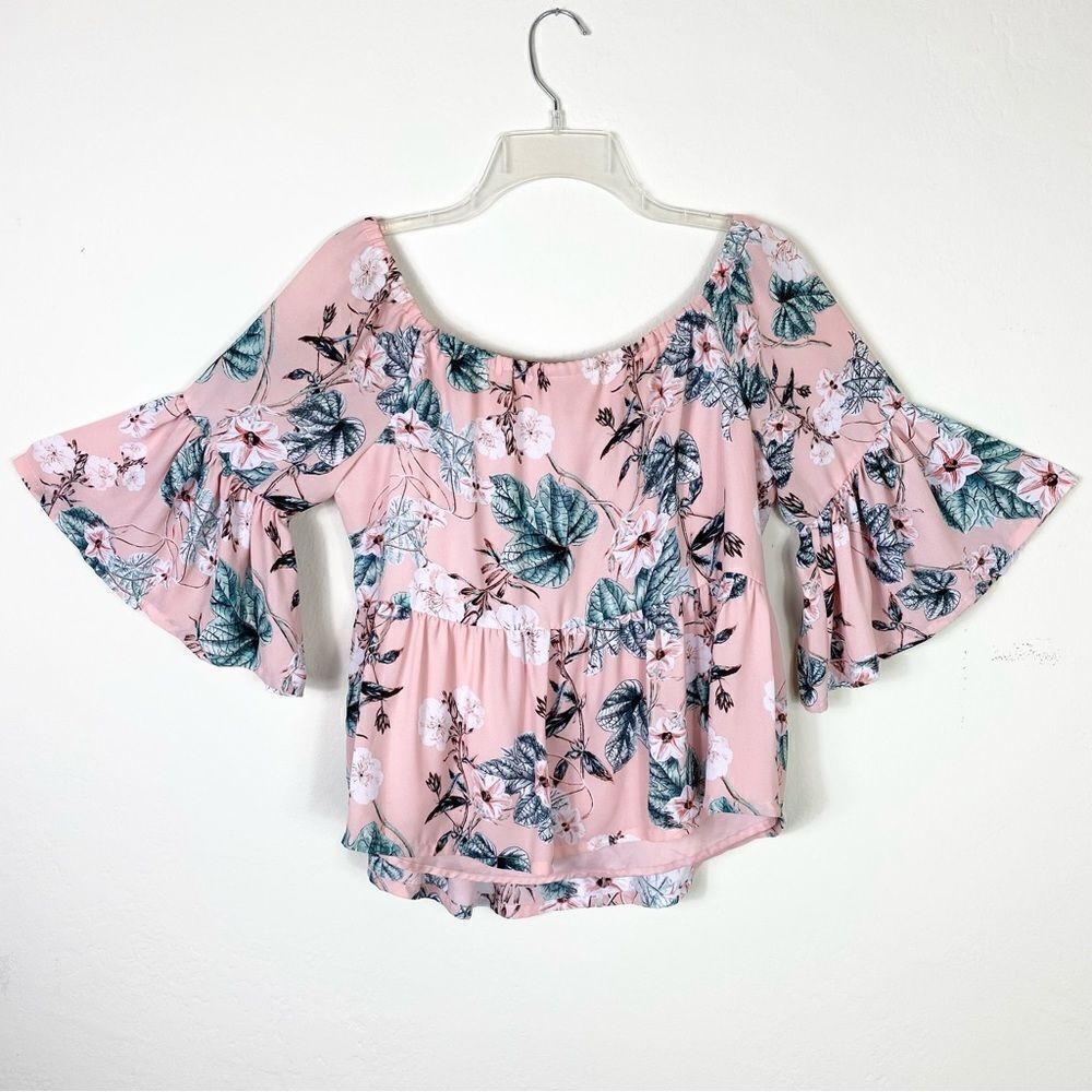 Ana Pink & Green Floral Off the Shoulder Half Bell Sleeve Blouse - Picture 2 of 5